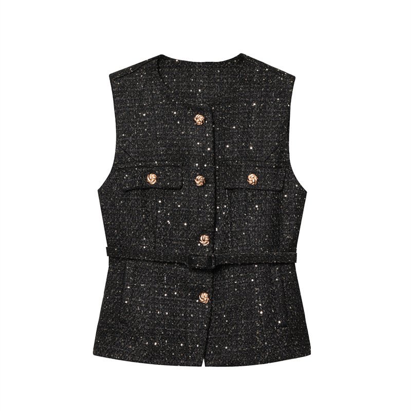 Women's Fashion Casual Sleeveless With Belt Texture Vest - Image 2