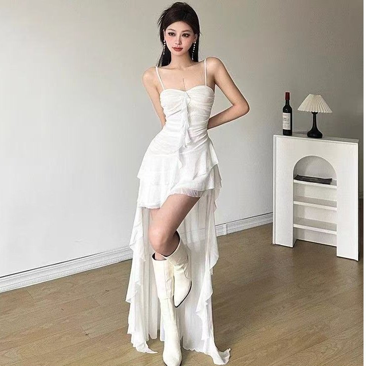 Summer French Super Fairy Pure Desire Ruffled Spaghetti Straps Dress For Women