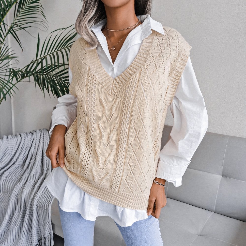European And American Hollowed Out Twist V-neck Knitted Vest Sweater - Image 5