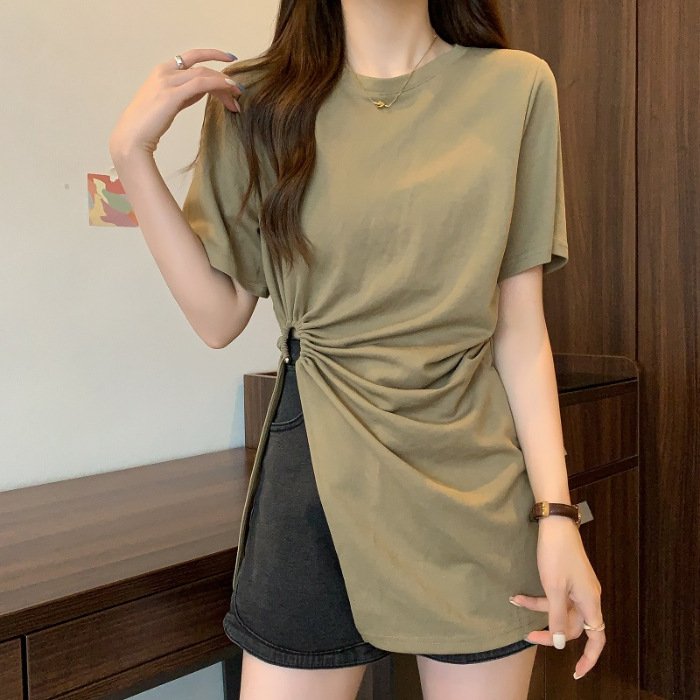 Cotton Irregular Split Short-sleeved T-shirt Women's Summer - Image 6