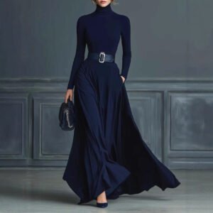 Women's Solid Color Long-sleeved Waist Dress