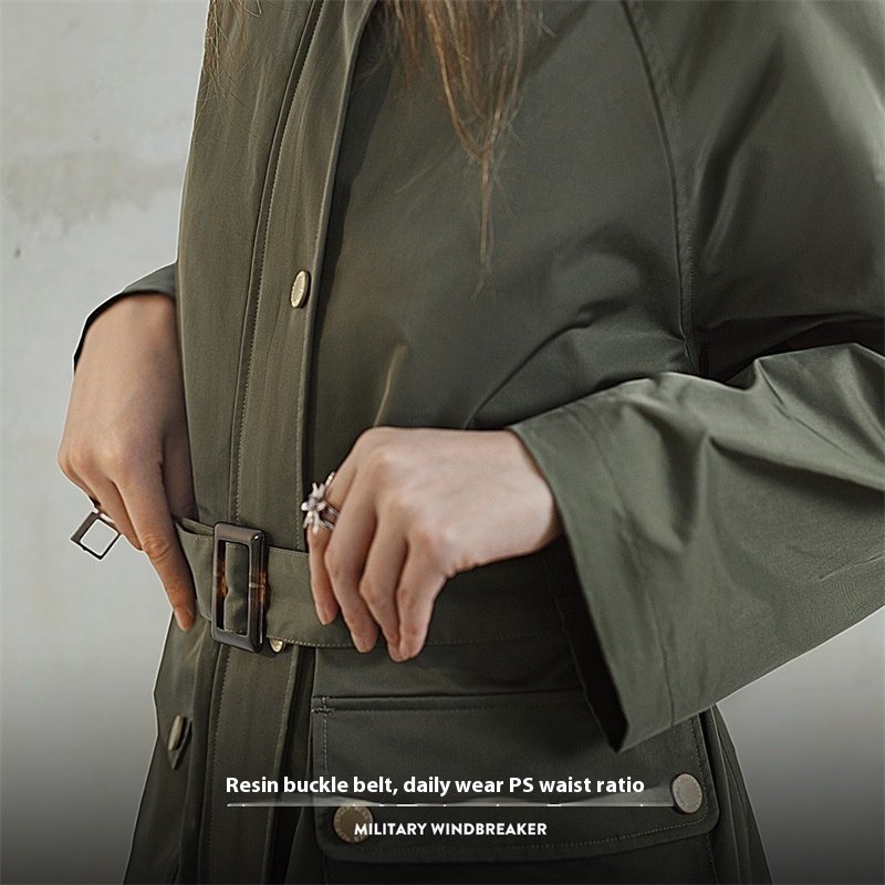 Retro Olive Green Loose Flip Pocket Trench Coat - Image 2