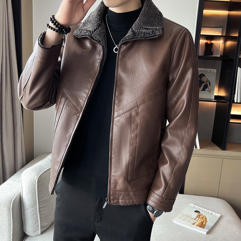 Hong Kong Style Velvet Padded Plus Size Men's Leather Jackets - Image 7