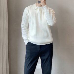 Lightly Mature Spring And Autumn Stripes Lapel Boys Texture Loose Elastic Knitted Sweater