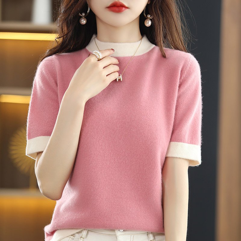 Half Turtleneck Wool Knitted Base Loose Short Sleeve - Image 3