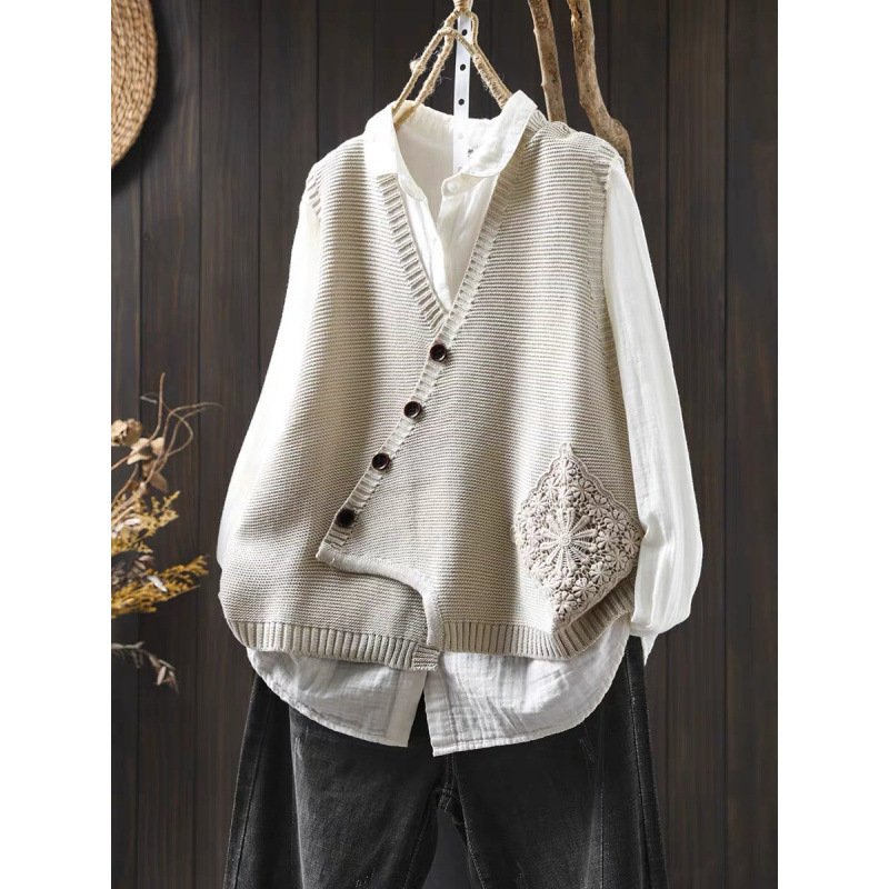 Women's V-neck Cotton Knitted Vest Cardigan - Image 3