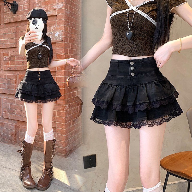 Pure Hot Girl Style Double-layer Lace Ruffled Denim Skirt Women - Image 6
