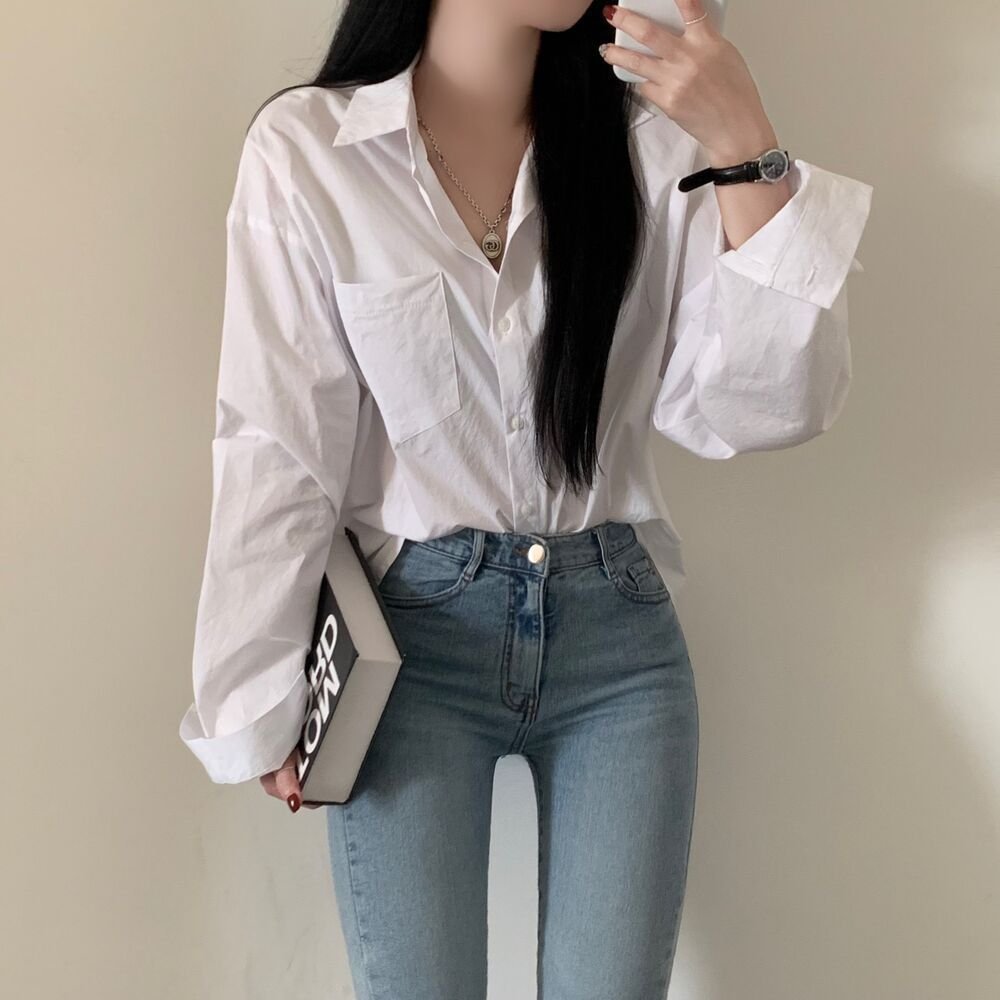 Solid Color Loose And Simple Shirt Casual Base White Shirt - Image 3