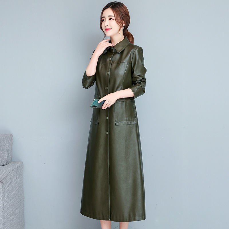 Ladies Fashion Thin Leather Trench Coat Coat - Image 5