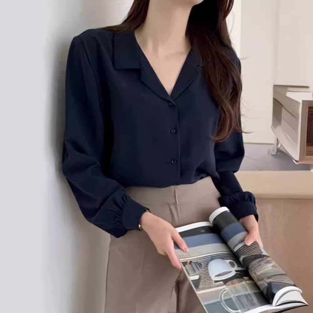 Simple Suit Collar Chiffon Shirt Women's Long Sleeve Shirt - Image 3