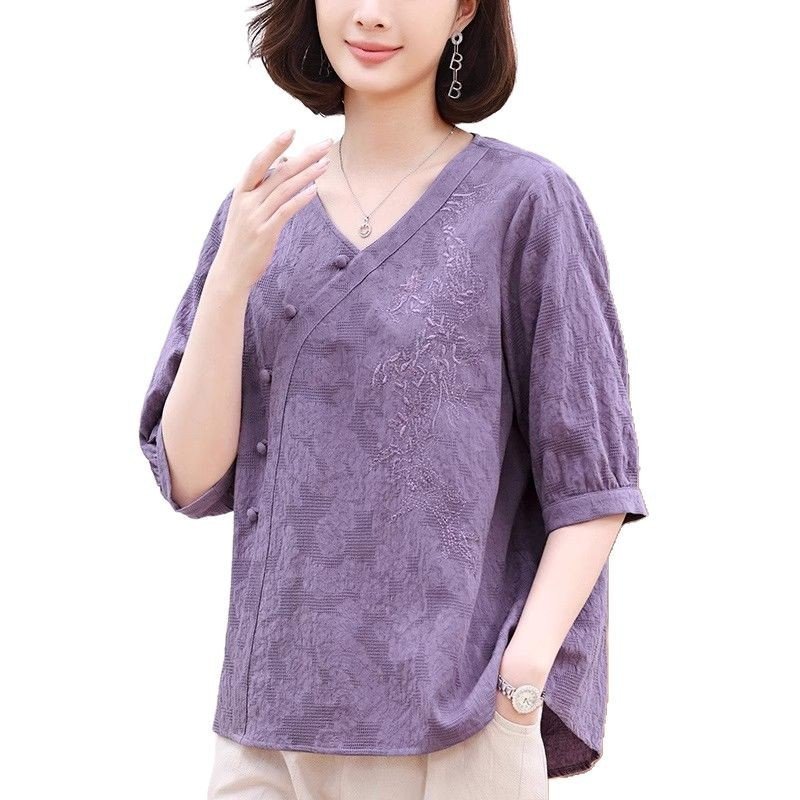 Short Sleeve T-shirt Women's Summer Cotton And Linen Chinese Style Top - Image 5