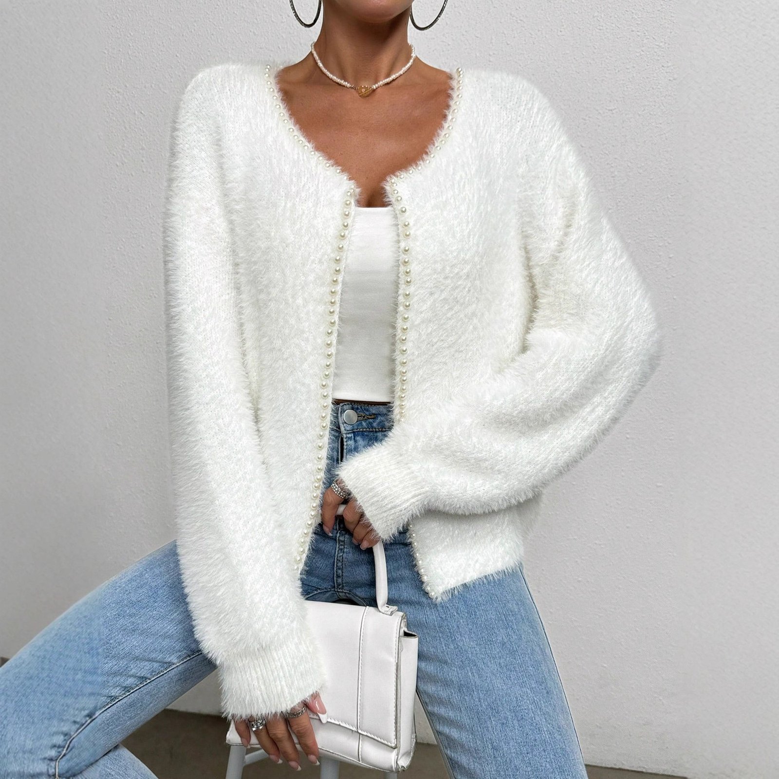 Women's Elegant Cardigan Sweater Solid Color And V-neck Fashion Bead Knitwear Coat - Image 4