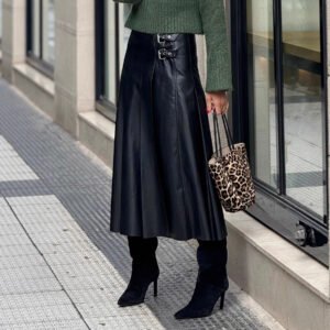Fashion A-line Pleated PU Leather Skirt With Full Hem And Fitted Waist