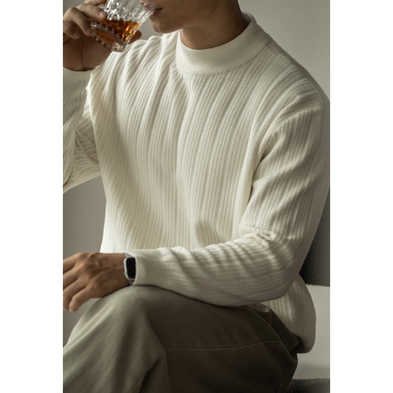 Half Turtleneck Bottoming Mid Collar Sunken Stripe Knitwear Sweater For Men - Image 5