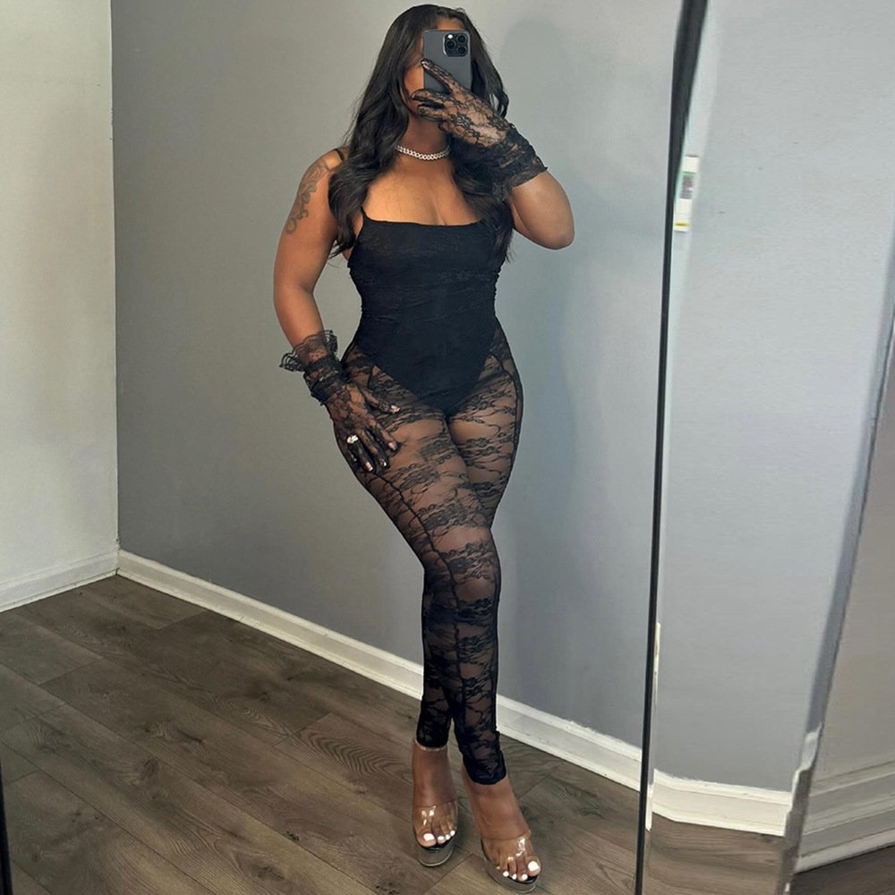 Sexy Women Clothing Sling Style Stitching Sheer Cutout High Elasticity Jumpsuit - Image 4