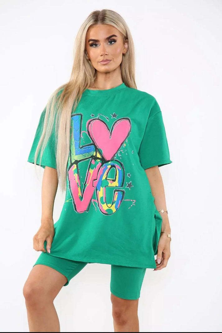 Love Side Slit Cycling Short And T-Shirts Co-Ord Two Piece Set With Front Love Slogan - Image 7
