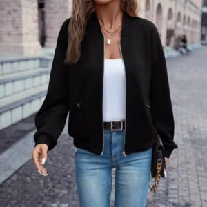 Solid Color Faux Pocket Zip Jacket Casual Long Sleeve For Autumn And Winter