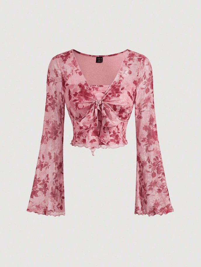 V-neck Lace Up Printed Long Sleeve Slim Women Shirt - Image 6