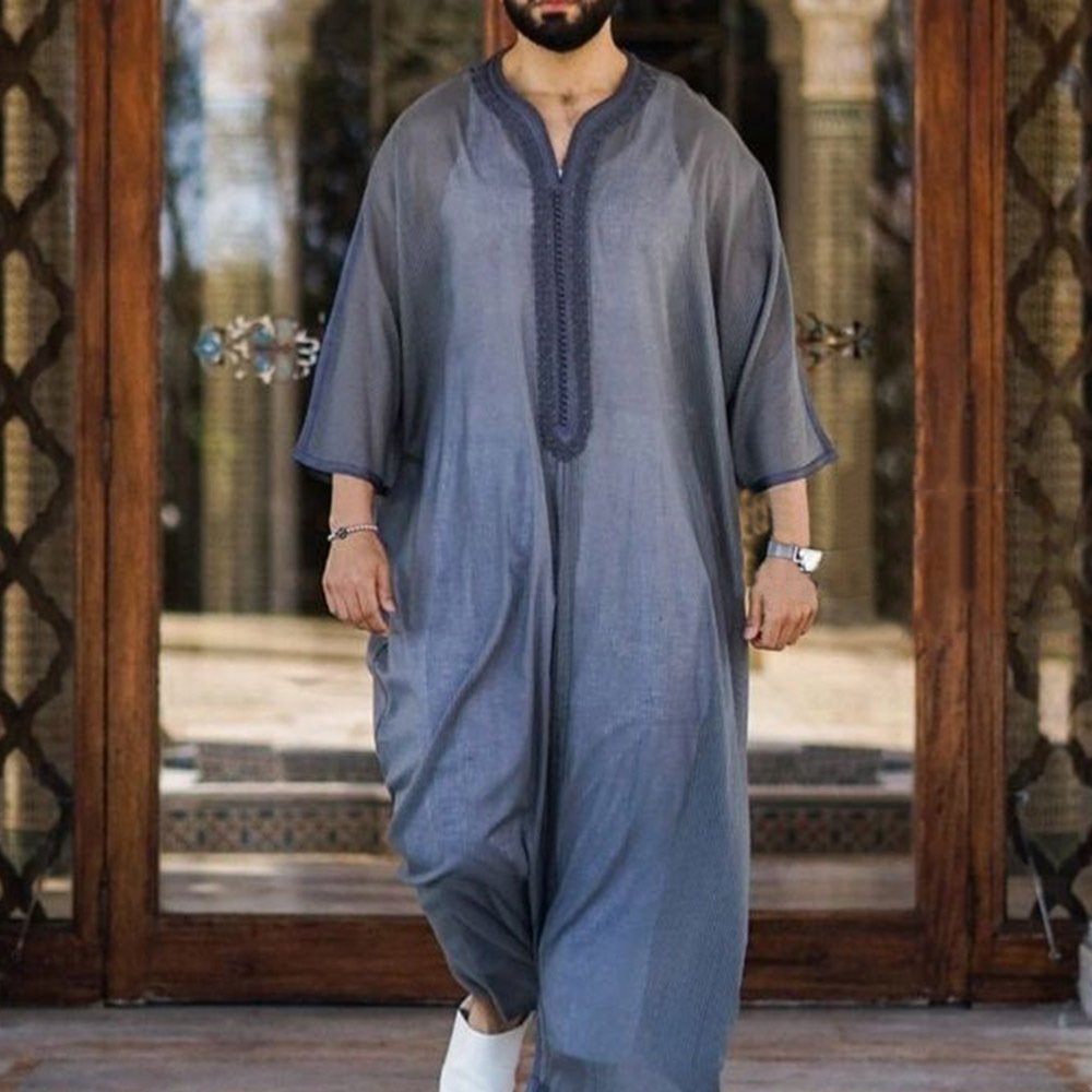 Thin Youth Linen Gray Cotton Linen Loose Casual Muslim Robe - Image 4