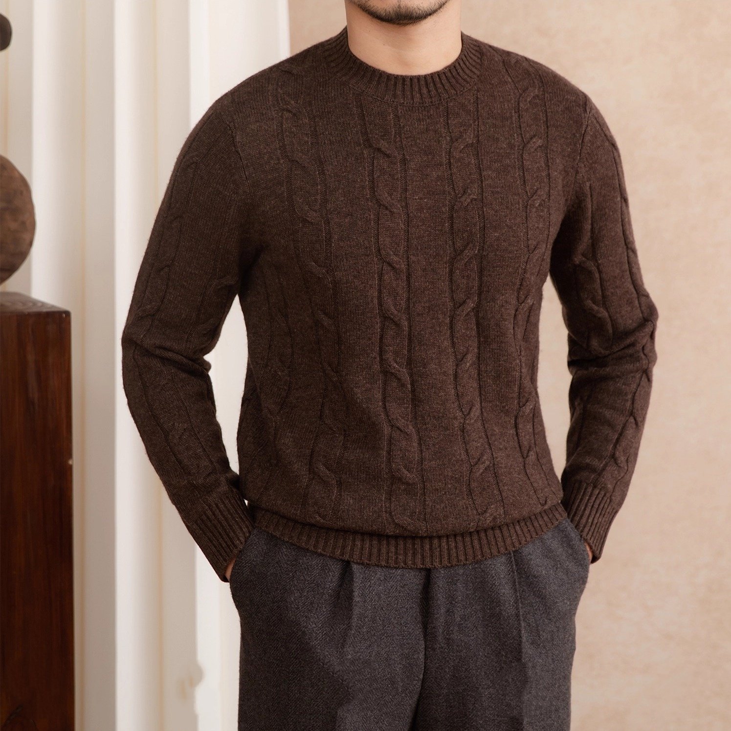 Wool Knitted Twisted Round Neck Pullover Long Sleeve Sweater - Image 2