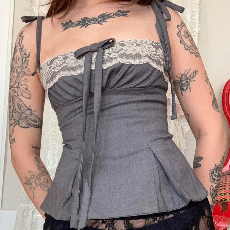 Girly Style Lace With Bow Splicing Sling Sweet Contrast Color - Image 4