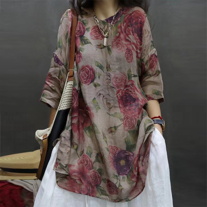 Women's Soft Printed Mid-Sleeve Top Casual Round Neck Tunic For Spring And Summer - Image 9