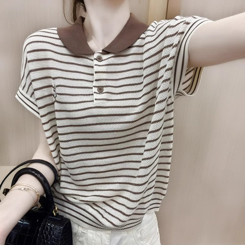 Ice Silk Short Sleeve Striped Embroidery Contrast Color Button Polo - Image 2