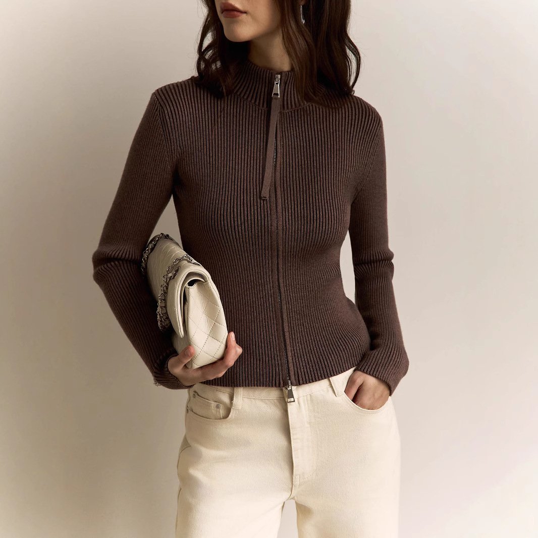 Zipper Slim Fit Top Stand Collar High Waist Trendy Long-sleeve Sweater Bottoming - Image 5