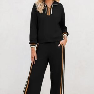 Black Striped Patchwork Quarter Zip Pullover Loose Pant Set