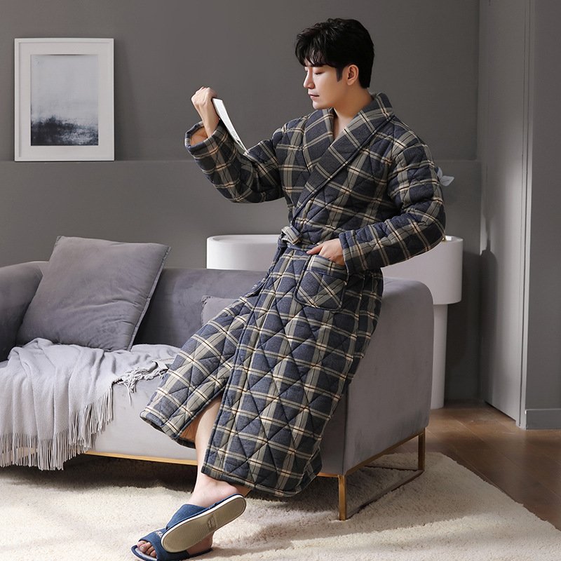 Pure Cotton Long Sleeved Autumn And Winter Thin Quilted Bathrobe Bathrobe - Image 3