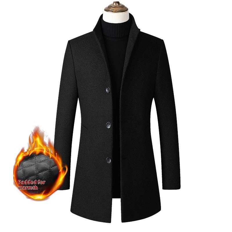 European And American Single-breasted Stand Collar Coat Cotton Padded Men's Trench Coat Woolen Coat - Image 8
