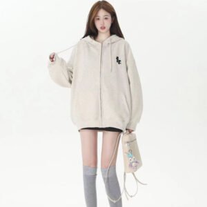 Patchwork Lining Checked Cloth Hooded Sweater Women's Long-sleeved Coat