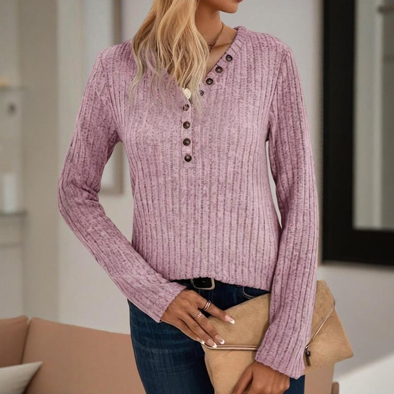 Women's Solid Color Button V-Neck Long Sleeve Knit Top - Casual Comfort Blouse For Spring&Fall - Image 2