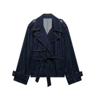 French Blue Belt Short Wide Design Denim Trench Coat