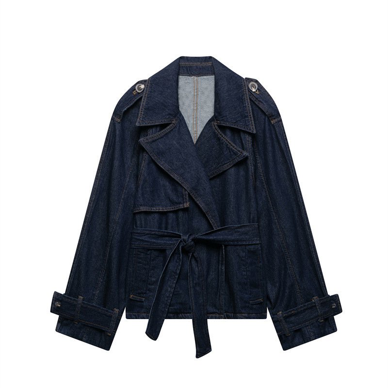 French Blue Belt Short Wide Design Denim Trench Coat