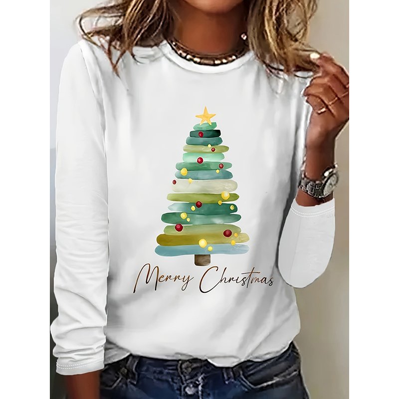 Women's Long Sleeve Merry Christmas T-Shirt, Cute Christmas Tree Graphic Tee, Funny Holiday Party Top - Image 2
