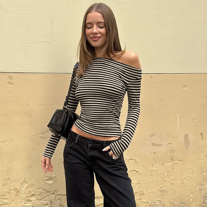 Contrast Color Striped Diagonal Collar Long Sleeve T-shirt - Image 4