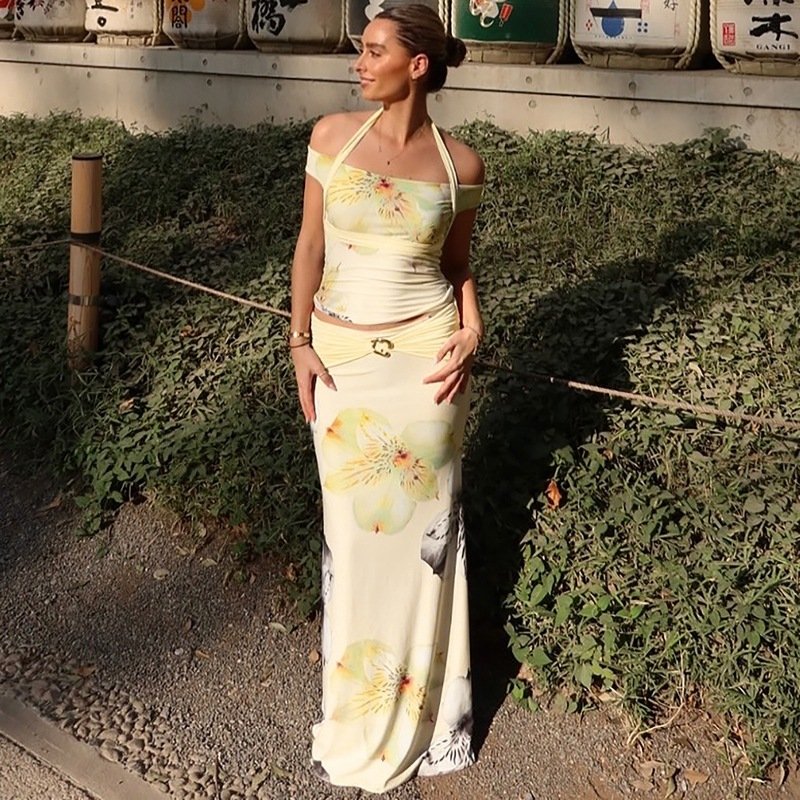 Sexy Backless Halter Top Slim-fit Printed Dress Two-piece Set - Image 2