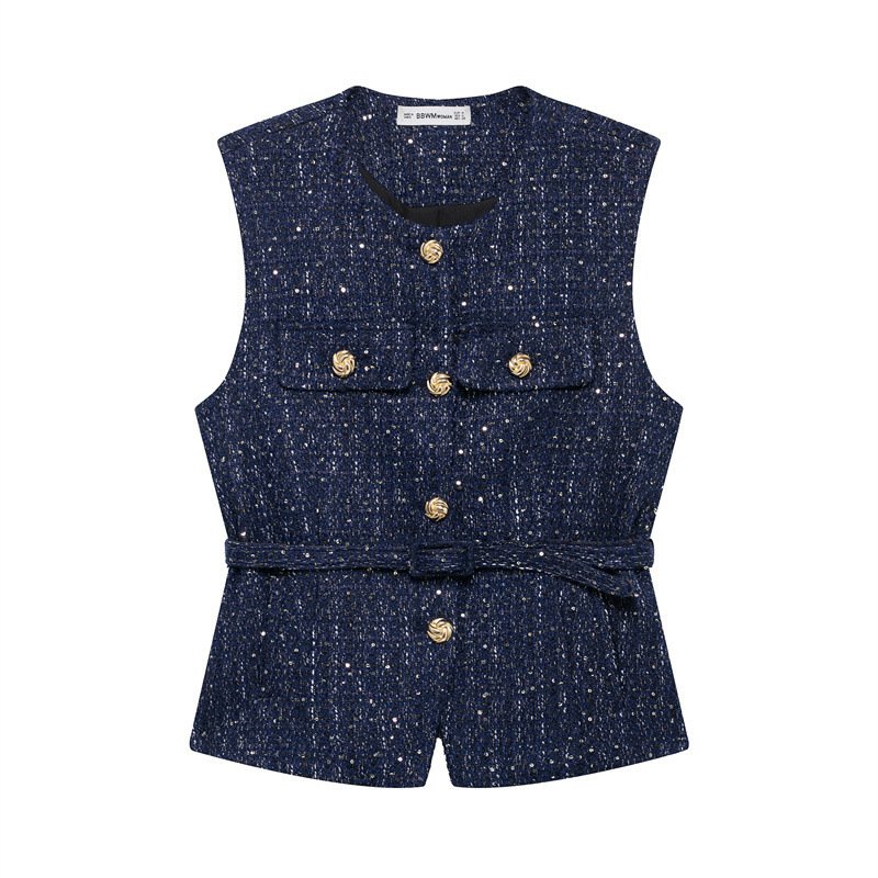 Spring New Casual Belt Vest Women's Clothing With Belt Texture Vest - Image 5