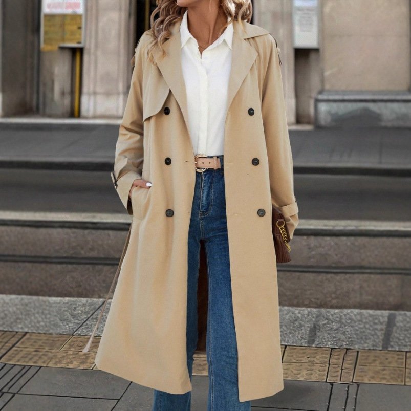 European And American Women's Clothing Double Breasted Belt Fleece Trench Coat Coat - Image 3