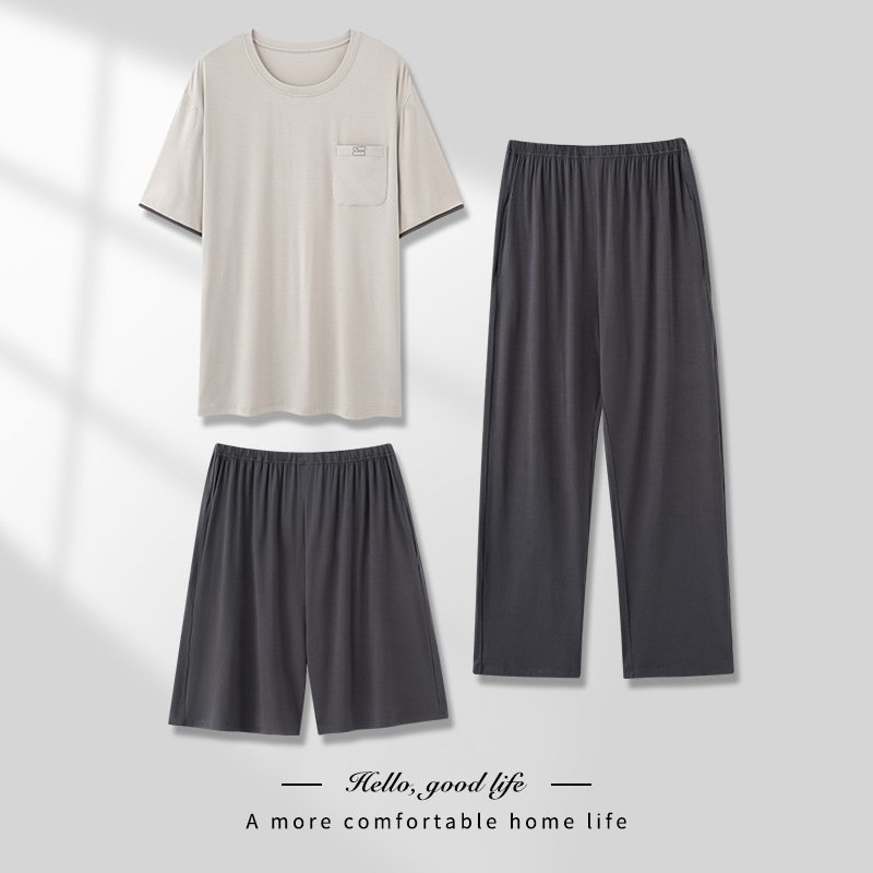 Men's Pajamas Thin Spring And Summer Modal Short-sleeved Trousers Three-piece Home Wear Suit - Image 8