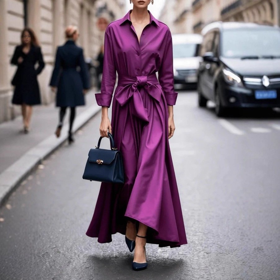 Solid Color Maxi Dress Lace-up Windbreaker Skirt - Image 2