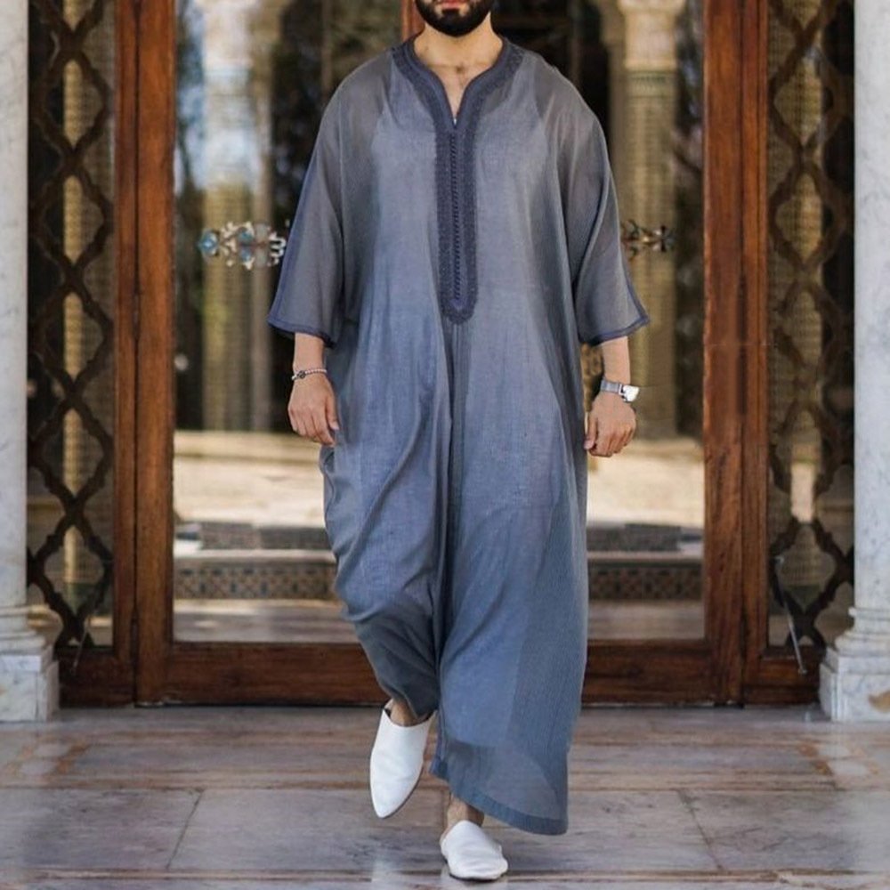 Thin Youth Linen Gray Cotton Linen Loose Casual Muslim Robe - Image 2