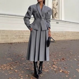 Fashionable And Simple Slim-fit Long-sleeve Wool Coat With Collared Neck And Matching Skirt Set