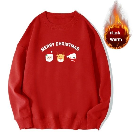 Red Sweater Christmas Fleece-lined Deer Round Neck Couple - Image 2
