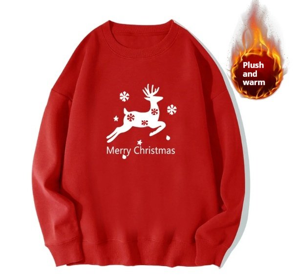 Red Sweater Christmas Fleece-lined Deer Round Neck Couple - Image 4