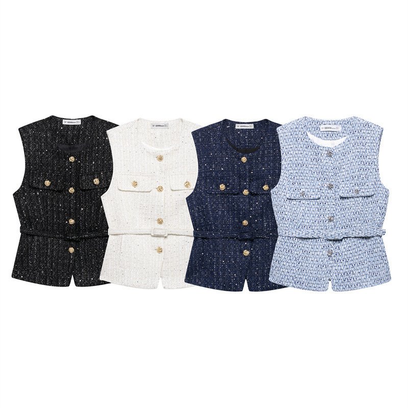 Spring New Casual Belt Vest Women's Clothing With Belt Texture Vest
