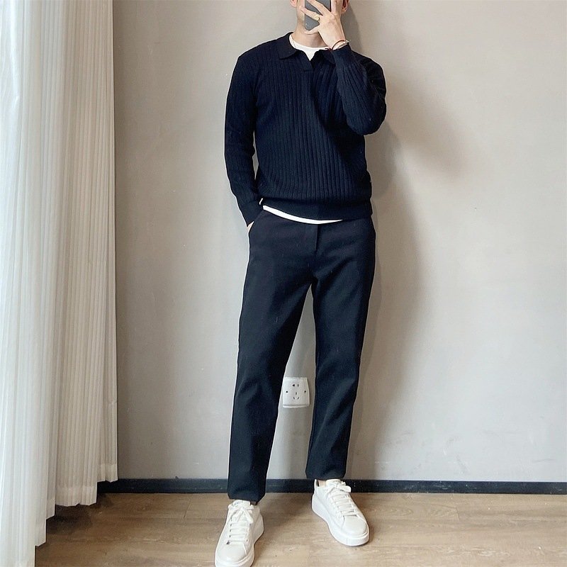 Lightly Mature Spring And Autumn Stripes Lapel Boys Texture Loose Elastic Knitted Sweater - Image 3