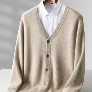 Pure Wool Cardigan Men's V-neck Solid Color Long Sleeve