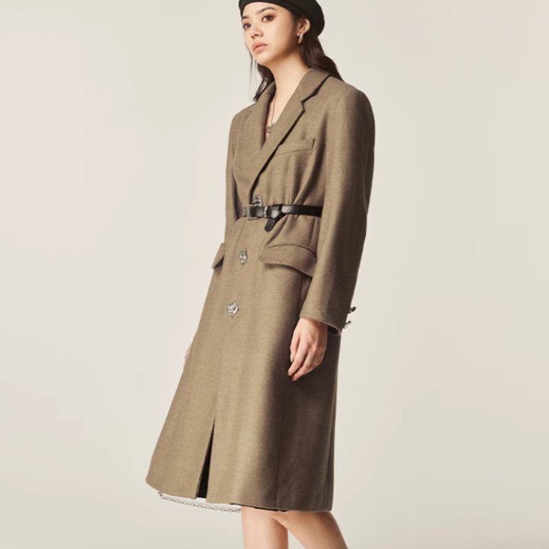 Autumn And Winter Classic Retro Mid-length Coat Brown Suit Jacket - Image 5